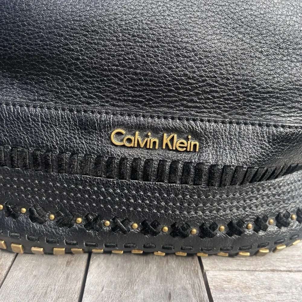 Calvin Klein Hobo Shoulder Bag Black Pebbled Leather Studded Tassel Accent Purse